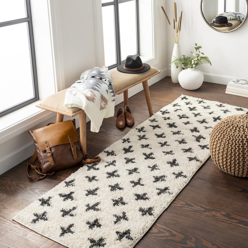 Livabliss Beni Shag Moroccan Dots Area Rug - 2'7" x 7'3" - Cream/Grey