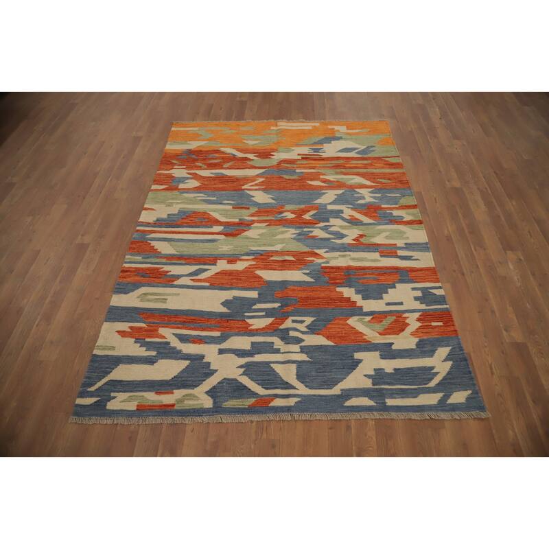 Hand Woven Oriental 100% Wool Carpet Southwestern Modern Multi-Colored Kilim Area Rug - 6' 6'' X 4' 10''