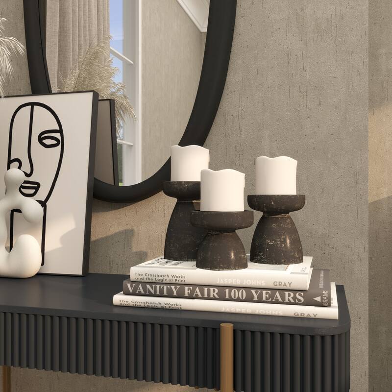 Black Wood Short Wide Distressed Decorative Candle Holder (Set of 3)