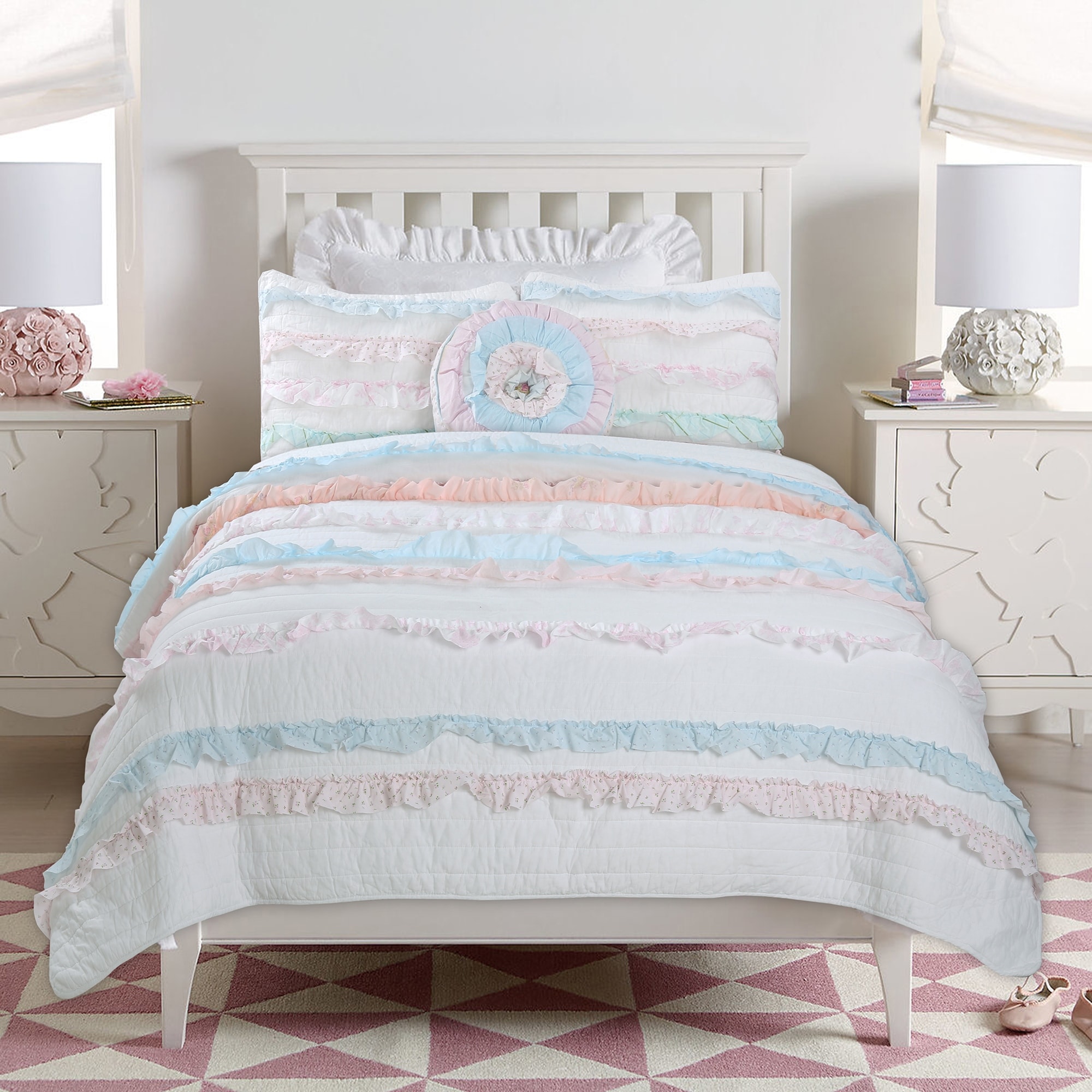 Cozy Line Tessa Ruffle Reversible Cotton Quilt Bedding Set with Decorative Throw Pillow