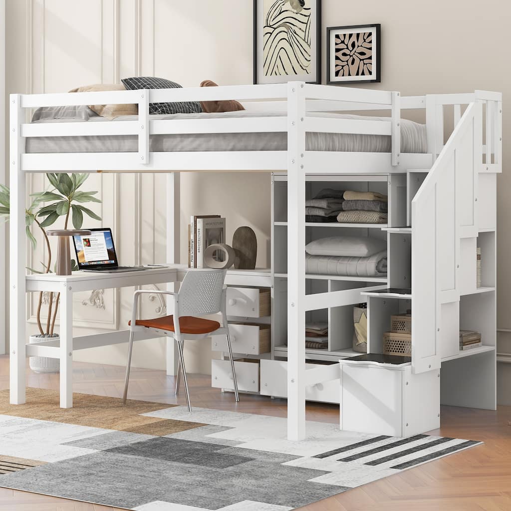 Full Size Loft Bed with L-Shaped Desk, Drawers, Cabinet, and Storage Staircase, White