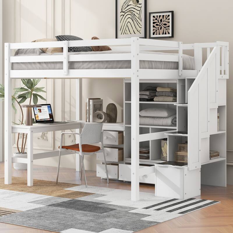 Full Size Loft Bed with L-Shaped Desk, Storage Staircase & Cabinet - White