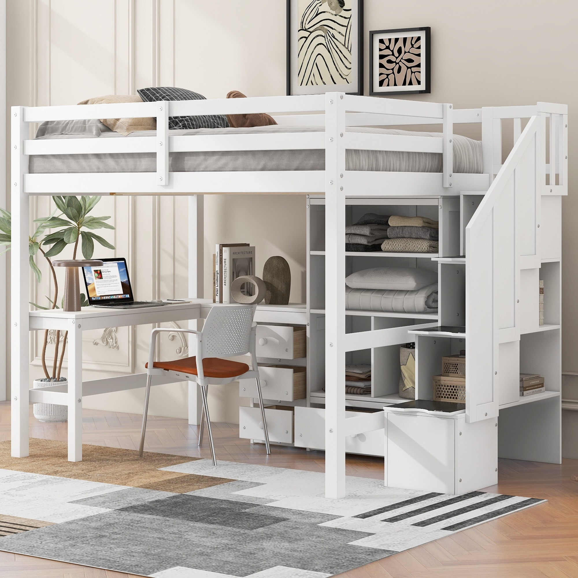 Full Size Loft Bed with L-Shaped Desk and Storage Staircase, Wooden Loft Bedframe with Storage Drawers and Shelves for Kids