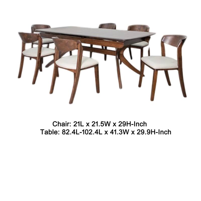 Viki 7pc Dining Table Set, Extendable, Ivory Fabric Chairs, Brown Wood