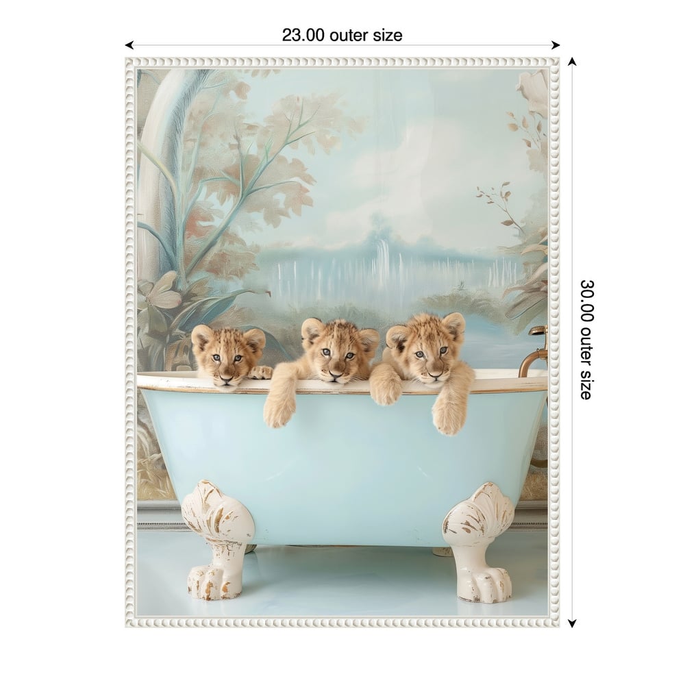 Blue Lagoon Lion Cubs by Niky Rahner Framed Canvas Wall Art