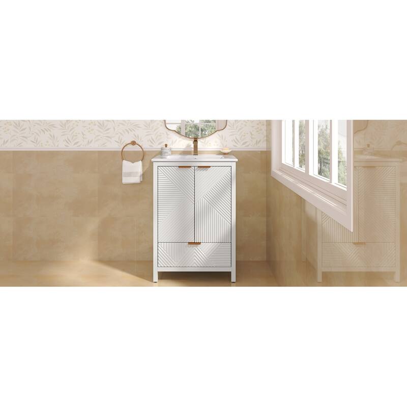 Anmytek 24 Inch Bathroom Vanity with Ceramic Basin Geometric Door Design for Small Bathroom Storage