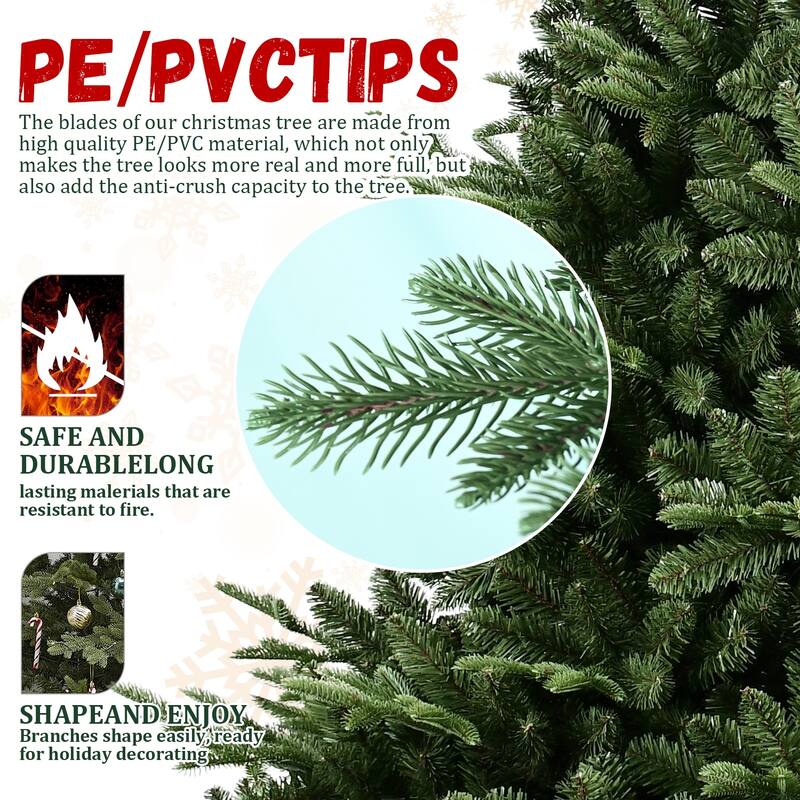 Full-Shaped Artificial Christmas Tree - PE/PVC Mixed Needles, Wide Base, Hinged Structure, Metal Stand - Green