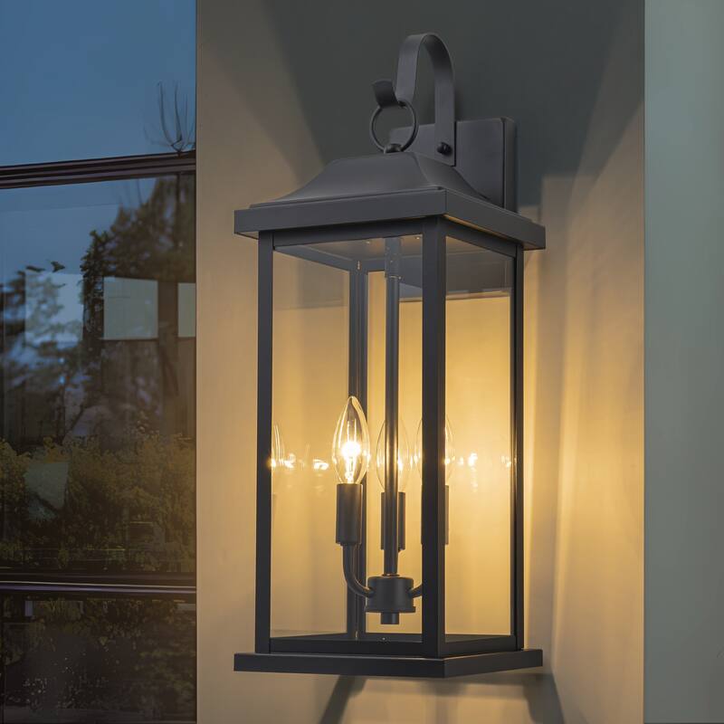C Cattleya 22inch Large Matte Black Outdoor Wall Lanterns With Clear Tempered Glass