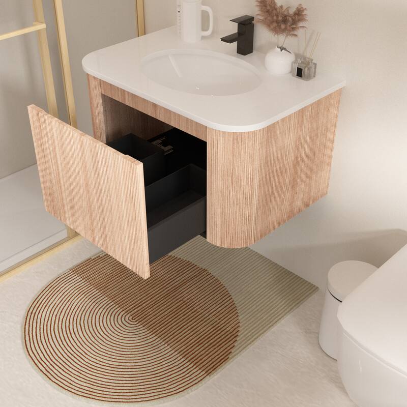 30 Inch Wall Mounted Bathroom Vanity with Sink Curved Design, Modern Floating Vanity Cabinet with Soft Close Drawer