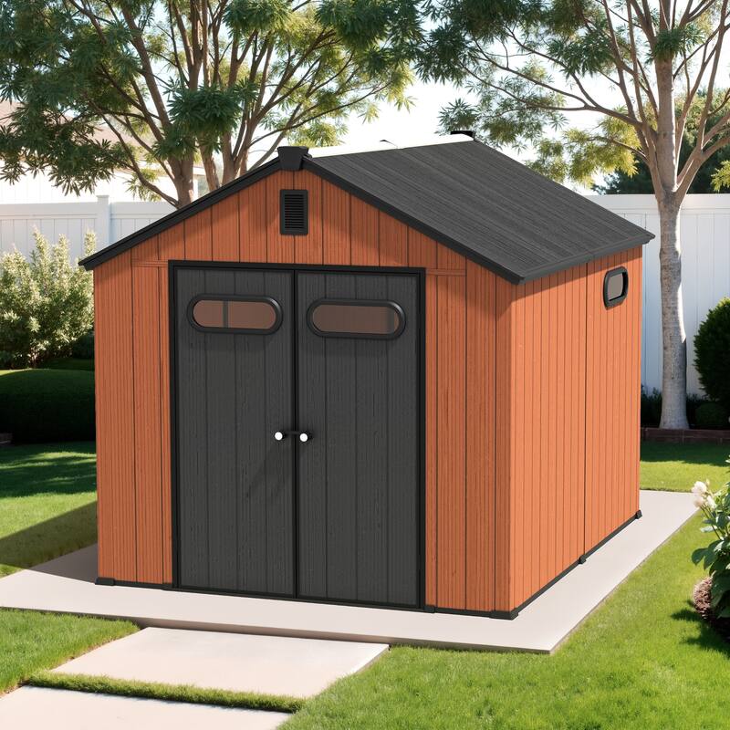 8X10 FT All-Weather Waterproof Plastc Outdoor Resin Storage Shed Windows Lockable Door with Floor for Patio Furniture and Tools