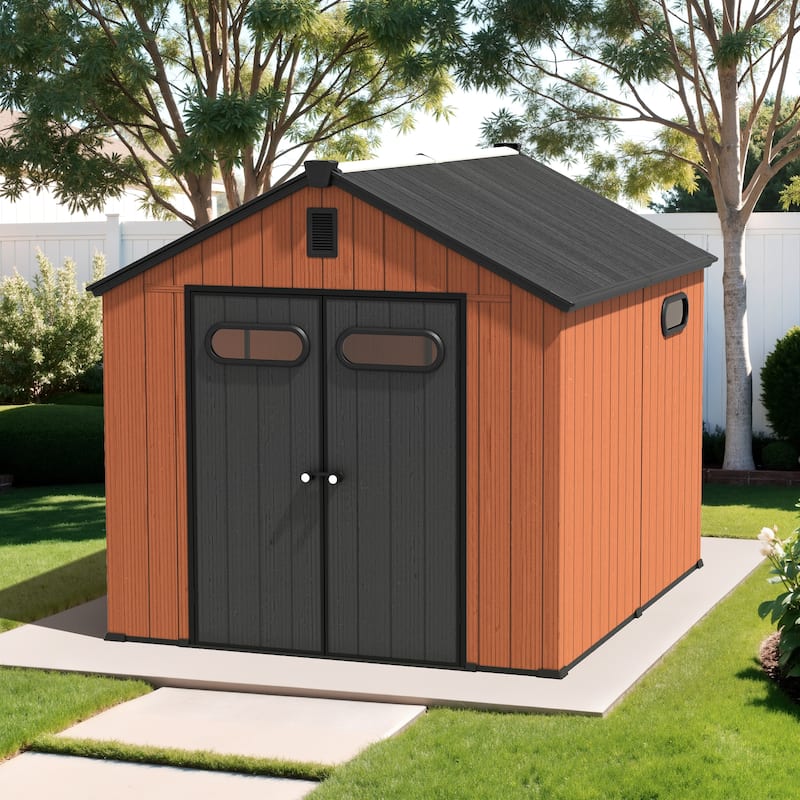 VredHom 8X8/8X10/8X12 FT All-Weather Outdoor Resin Storage Shed with Windows Floor for Patio Furniture and Tools