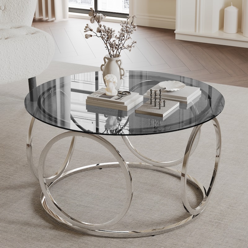 31.5" Modern Round Glass Top Coffee Table with Circular Metal Frame