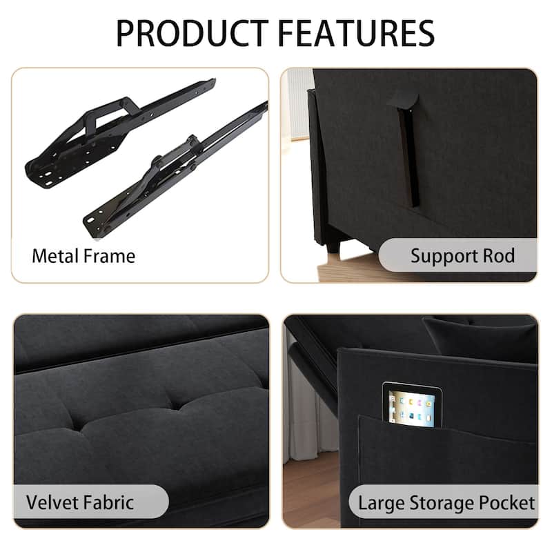 3 in 1 Convertible Sleeper Sofa Bed, Futon Couches for Living Room with Side Pocket, Adjustable Backrest