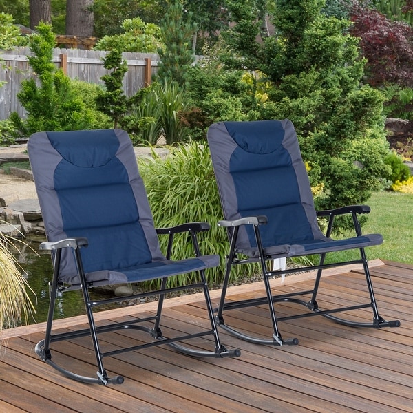Outsunny Folding Padded Outdoor Camping Rocking Chair Set - Blue / Grey