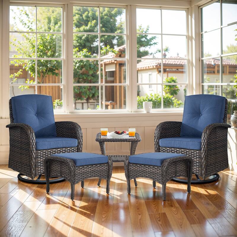 Gymojoy Premium Wicker Patio Furniture Set - Ultimate Comfort & Weather-Resistant Design - Swivel Chair - Brown Wicker / Blue Cusion