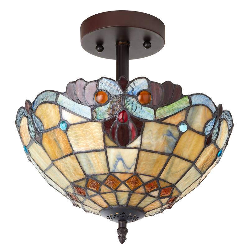Mila River of Goods Red/Amber/Blue Stained Glass Bowl Shade 13-Inch Ceiling Light - 12.5" x 12.5" x 13"