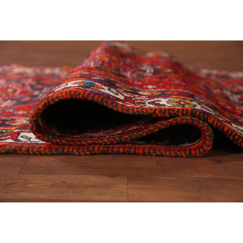 Hand Knotted Oriental 100% Wool Carpet Traditional Tribal Red Shiraz Runner Rug - 10' 8'' X 3' 2''
