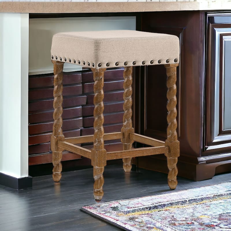 HomeRoots 24" Cream And Natural Faux Leather And Solid Wood Backless Counter Height Bar Chair - Counter Height - Single - Natural