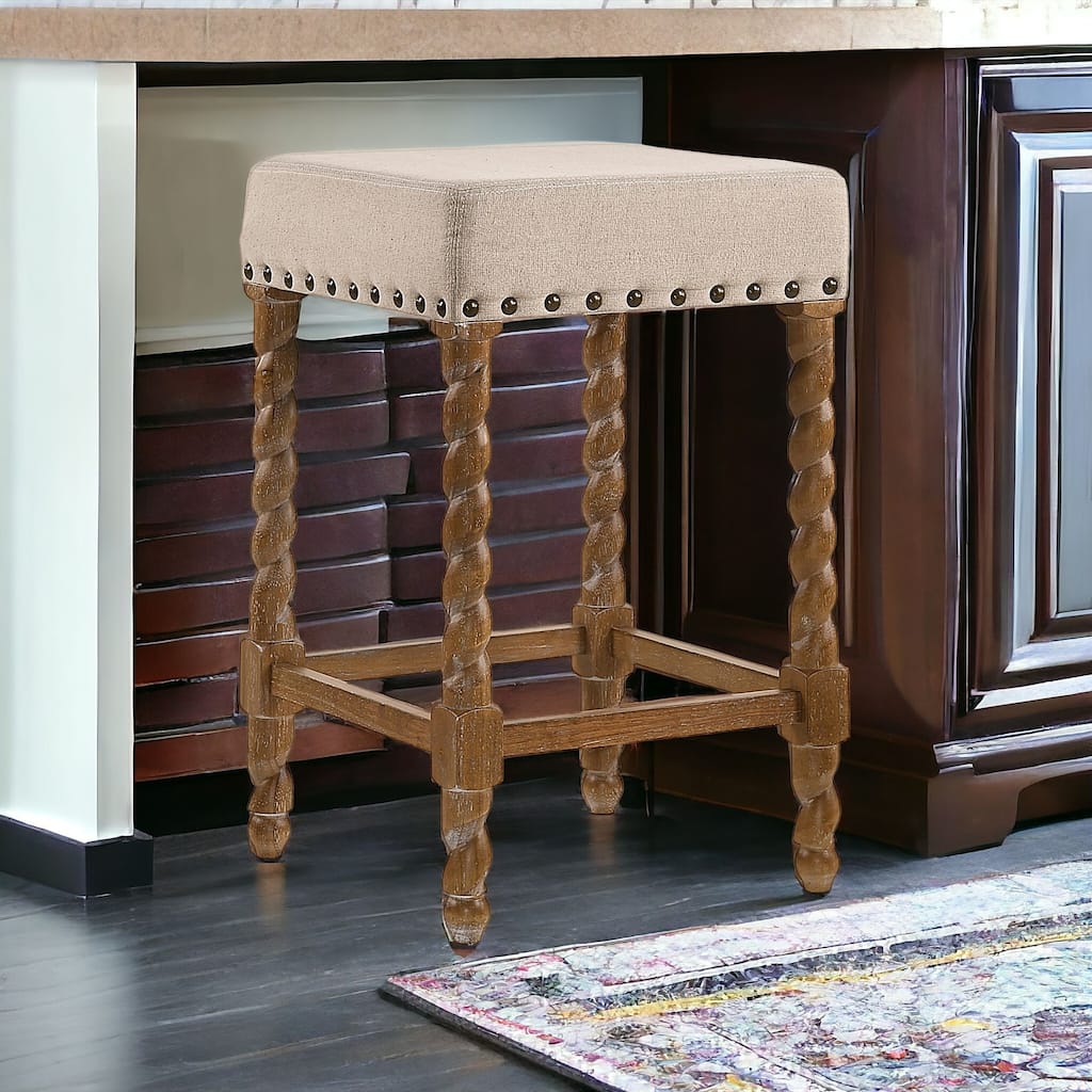 HomeRoots 24" Cream And Natural Faux Leather And Solid Wood Backless Counter Height Bar Chair