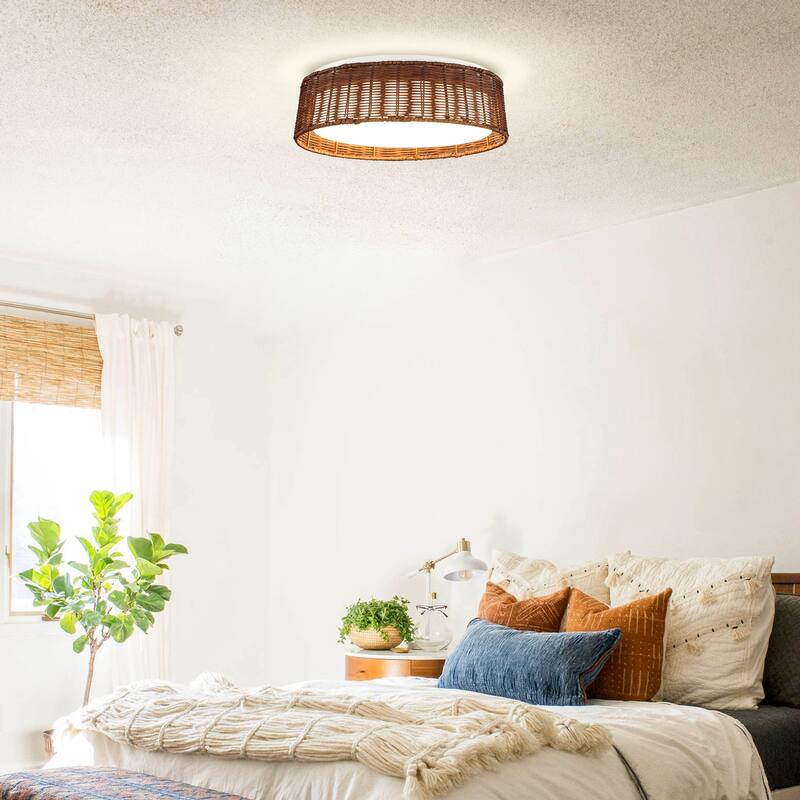 16.5" Farmhouse Rattan LED Flush Mount Ceiling Light