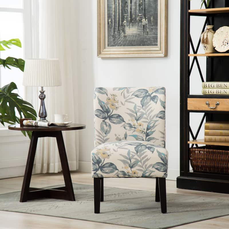 Print Fabric Armless Contemporary Accent Chair, Blue Leaves, for Living Room