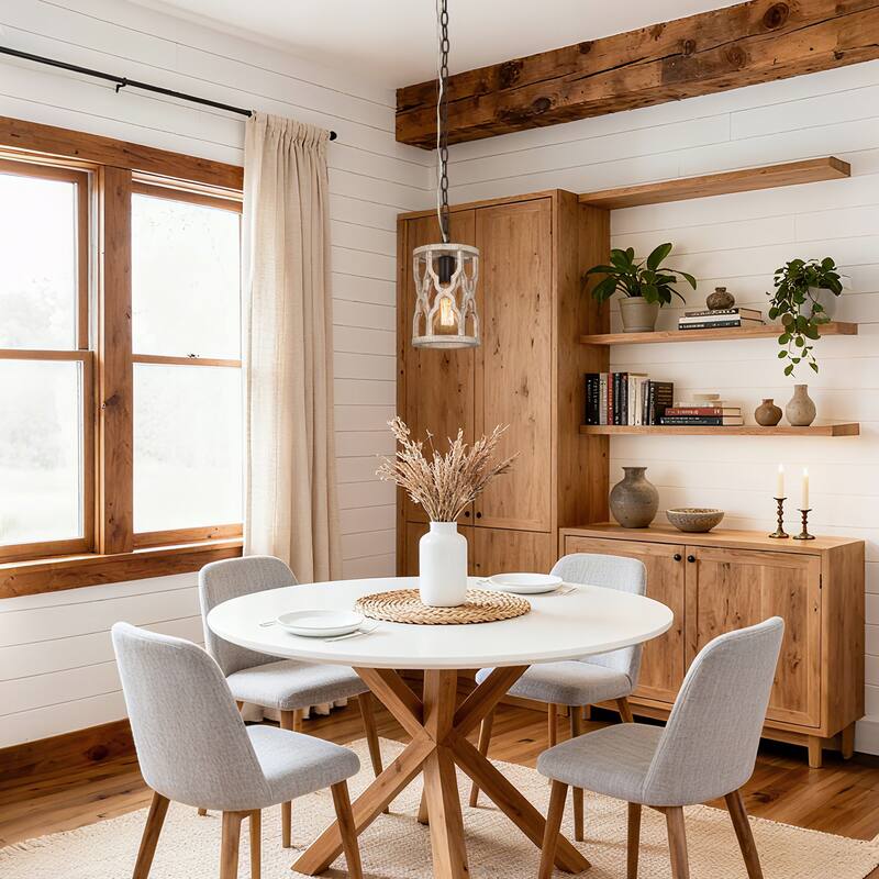 Farmhouse 1-Light Rustic Wood Pendant Light for Kitchen Island Dining Room - 6'' L x 6'' W x 11'' H