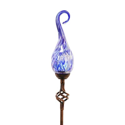 Exhart Solar Hand Blown Pearlized Glass Spiral Flame Garden Stake with Metal Finial Detail, 36 Inch
