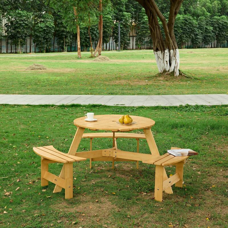 Outdoor 6 Person Round Picnic Table with Bench, Umbrella Hole for Garden, Backyard, Porch, Patio