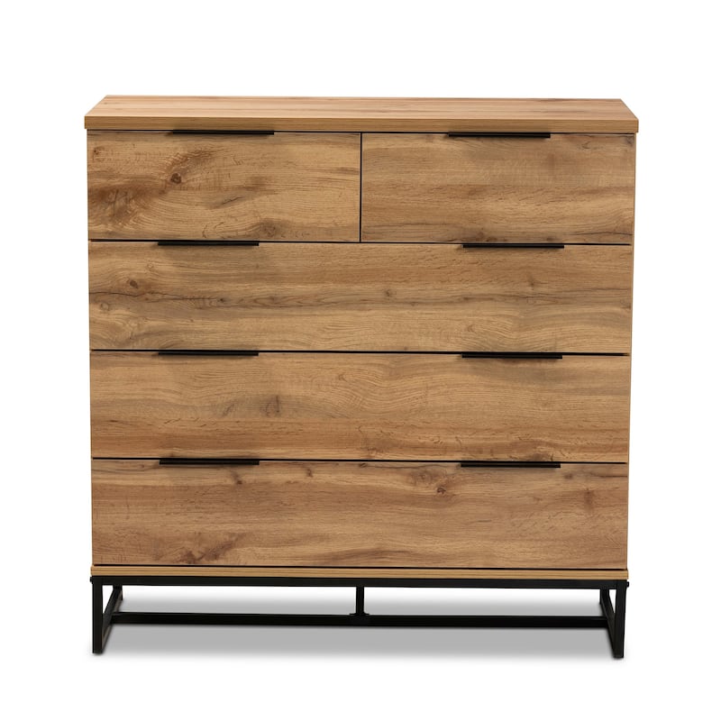 Franklin Oak Wood and Black Metal 5-drawer Bedroom Chest