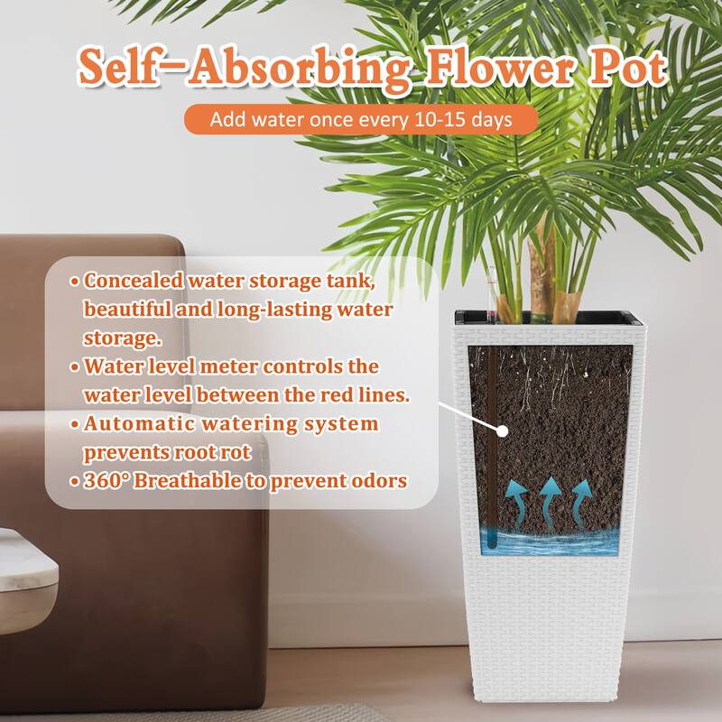 Square Planter Pack of 2, Faux Rattan Flower Pot with Automatic Watering System