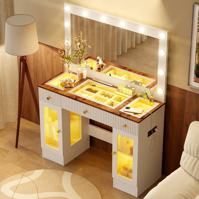 43.3" Makeup Vanity with Mirror,Glass Top,Drawers and Power Outlet