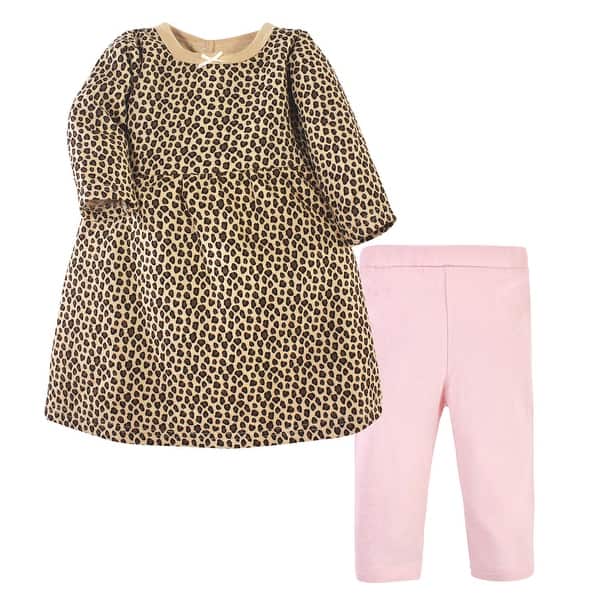 slide 1 of 1, Hudson Baby Infant and Baby Girl Quilted Cotton Long-Sleeve Dress and Leggings 2pc Set, Leopard Pink 0-3 Months - Leopard Pink