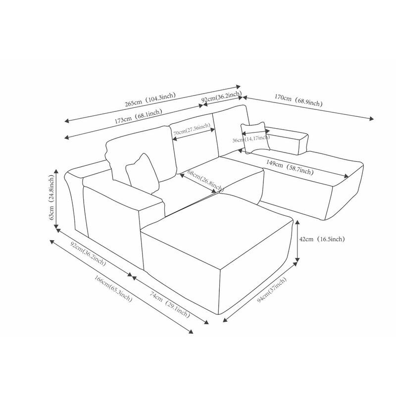 104"Cloud Sectional Couch with U-Shaped Chaise,and Side Pockets,Modern Modular Sofa with Deep Seat, Upholstered