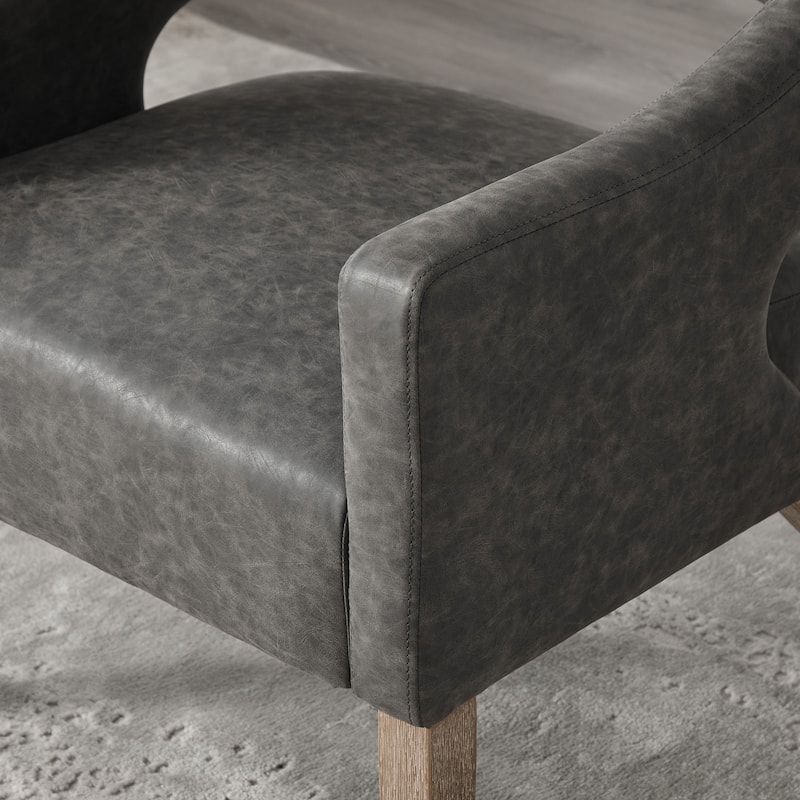Modern Upholstered PU Open Back Accent Armchair Barrel Dining Chair with Weathered Rubberwood Legs, Hollow-Out Side Club Chair