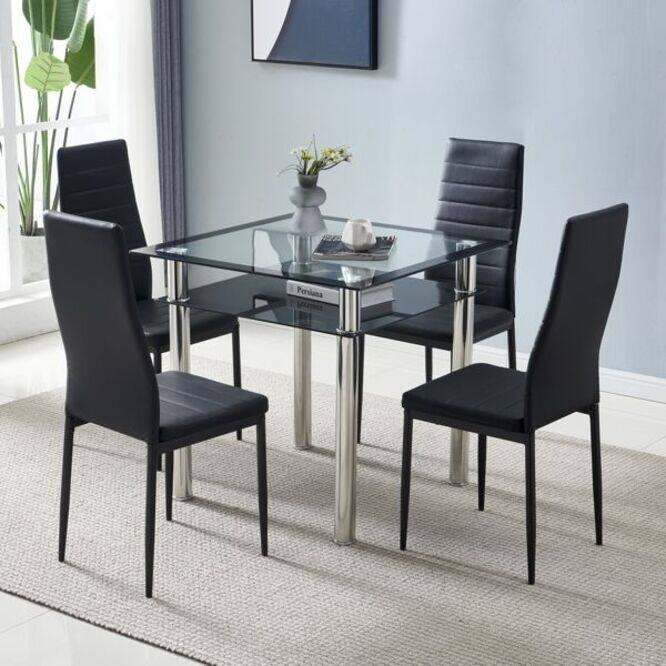 4pcs Elegant Black Assembled Stripping Texture High Backrest Dining Chairs