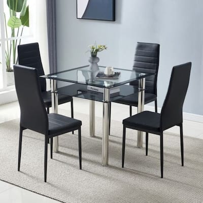 4pcs Elegant Black Assembled Stripping Texture High Backrest Dining Chairs