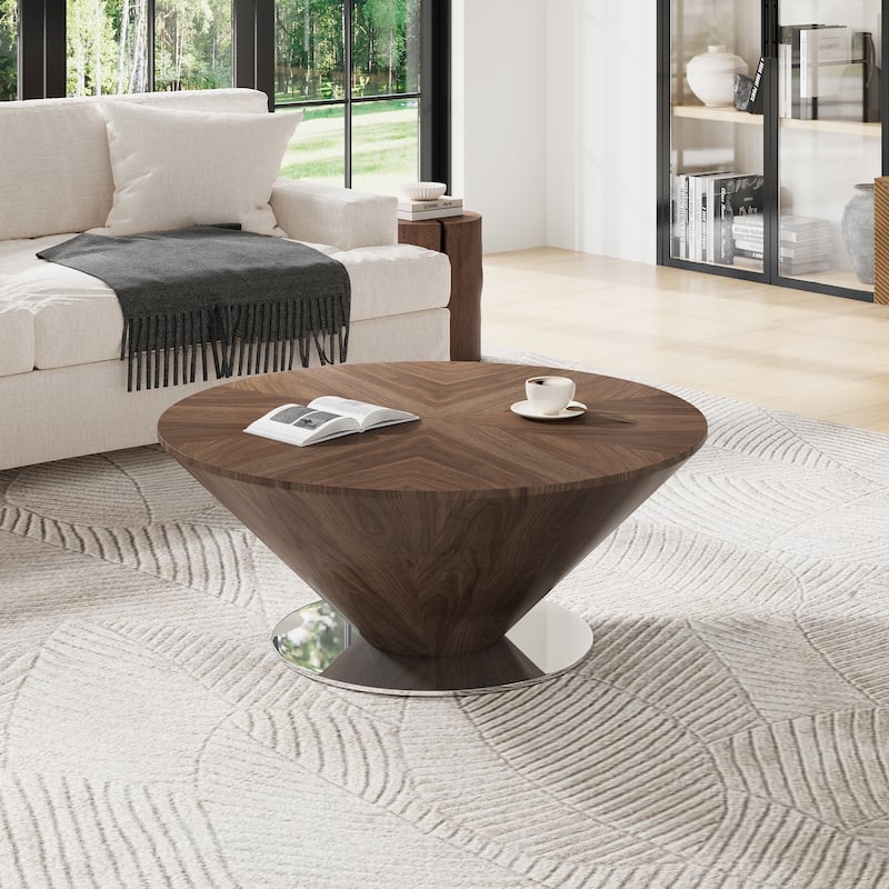 33.46" Mid Century Round Coffee Table,Brown Solid Wood Veneer Table top