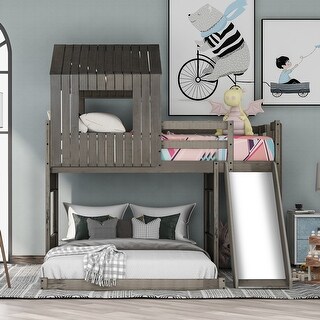 Twin Over Twin Bunk Bed with Slide and Ladder, Playhouse Bedframe with House Roof, Window and Safety Guardrails for Kids/Bedroom