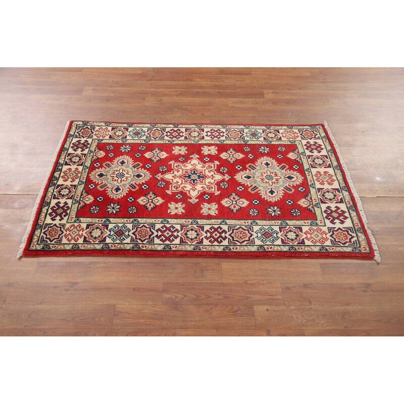 Kazak Oriental Accent Rug Hand-Knotted Red Geometric Wool Carpet - 2'8" x 4'2"