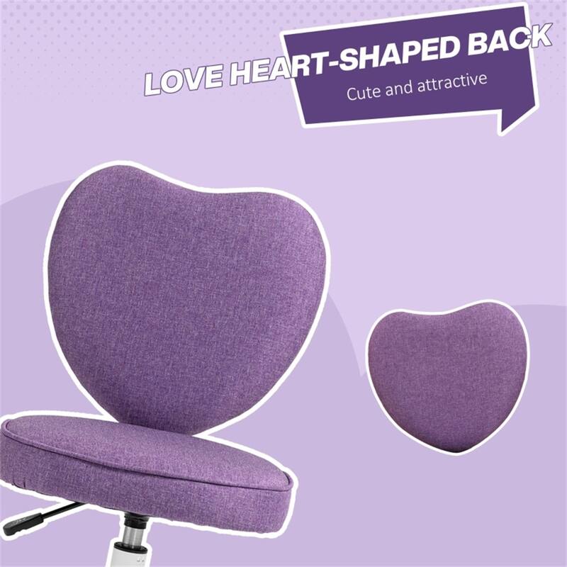 Purple Heart-Shaped Office Chair Linen Fabric Swivel Adjustable Seat Height for Home or Dorms - 15.75" W x 19.75" D x 31"-35" H
