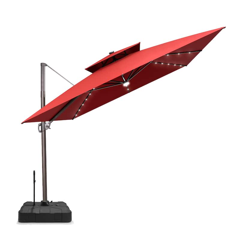 Pellebant 11 FT Square Outdoor Patio Double Top Cantilever Umbrella Solar LED Lighted with Rod Base - Red