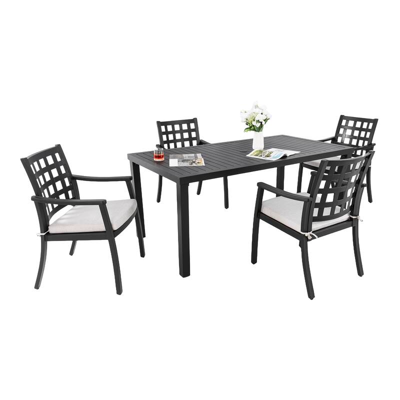 Aluminum 5 Piece Outdoor Patio Dining Set, with Cushions and Rectangular Table, 4 Dining Chairs, Rust-Free for Garden