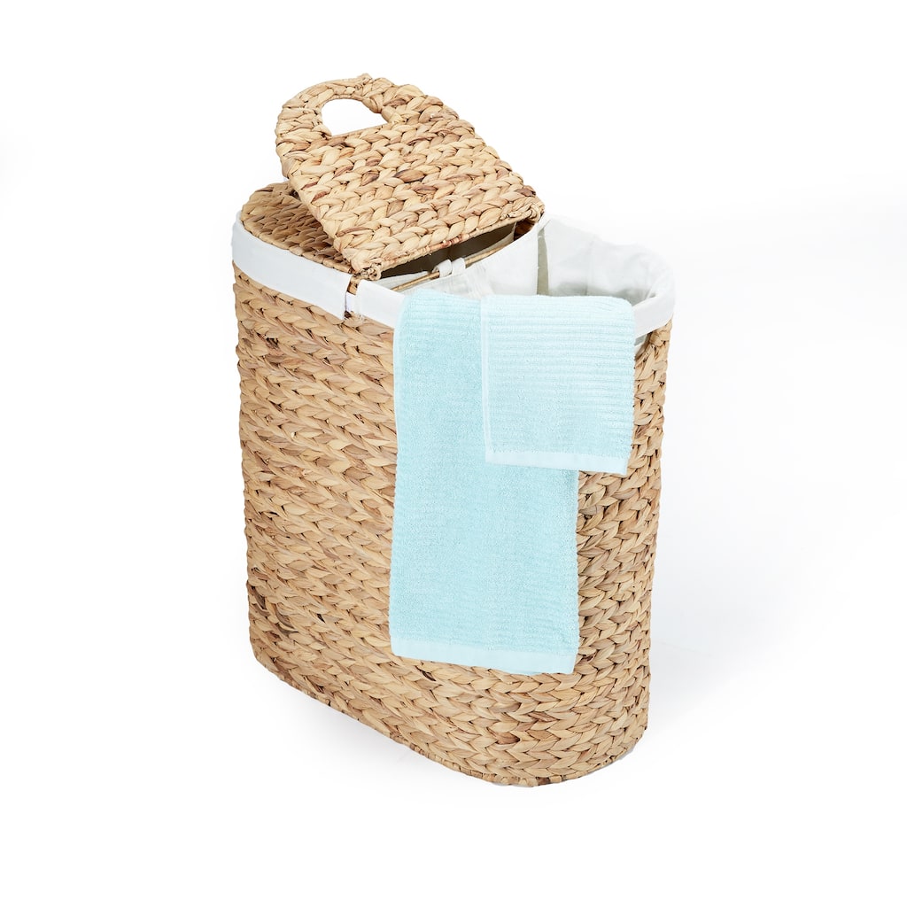 Seville Classics Hand Woven Natural Wicker Water-Hyacinth Lidded Oval Double Laundry Hamper