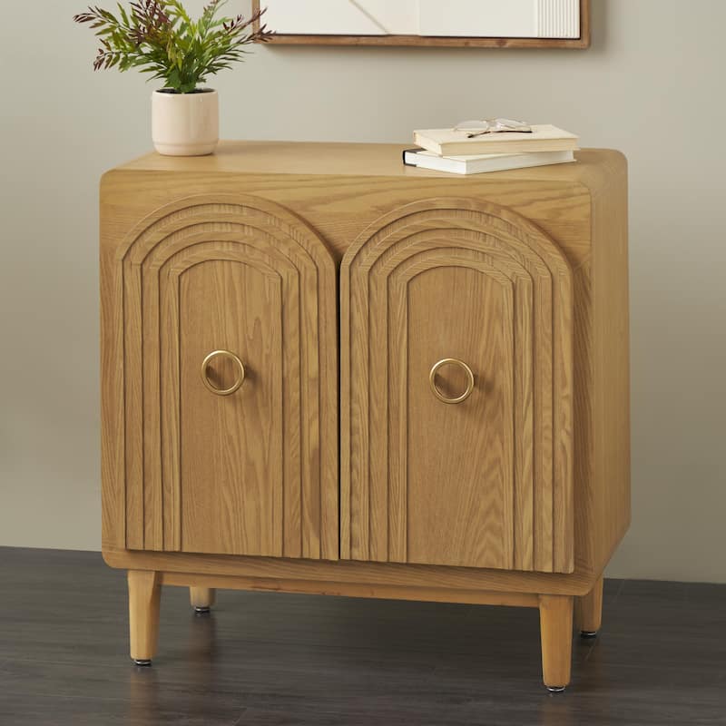 Wooden Geometric Art Deco Inspired Carved Arch 2 Door Room Cabinet with Gold Ring Handles - Brown - Roche River Decor