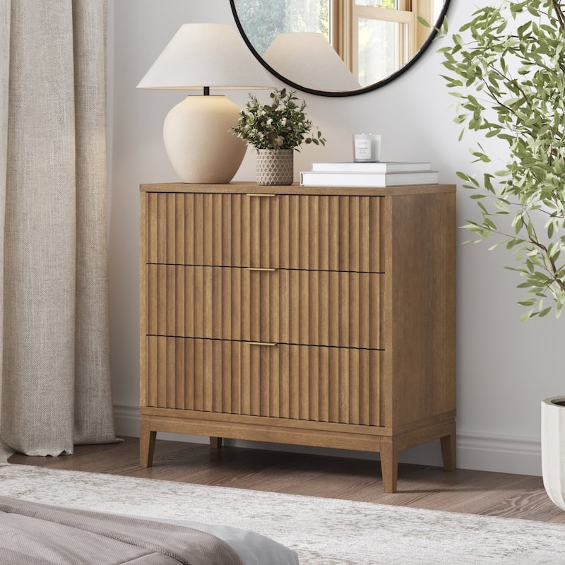Jasper Mid-Century Modern 3-Drawer Dresser with Solid Wood Frame and Fluted Door Fronts