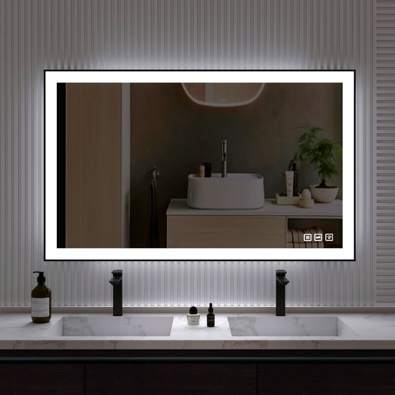 Organnice Rectangular Framed LED Anti-Fog Bathroom Wall Mirror in Black with Backlit and Front Light - 55"*30"
