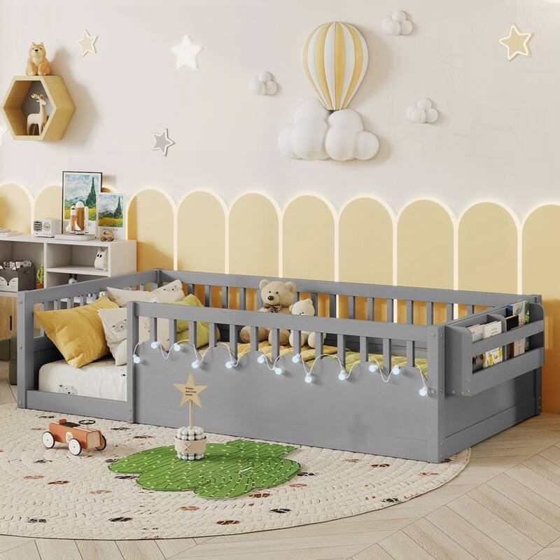 Montessori Floor Bed Frame with with Light and Storage Shelf