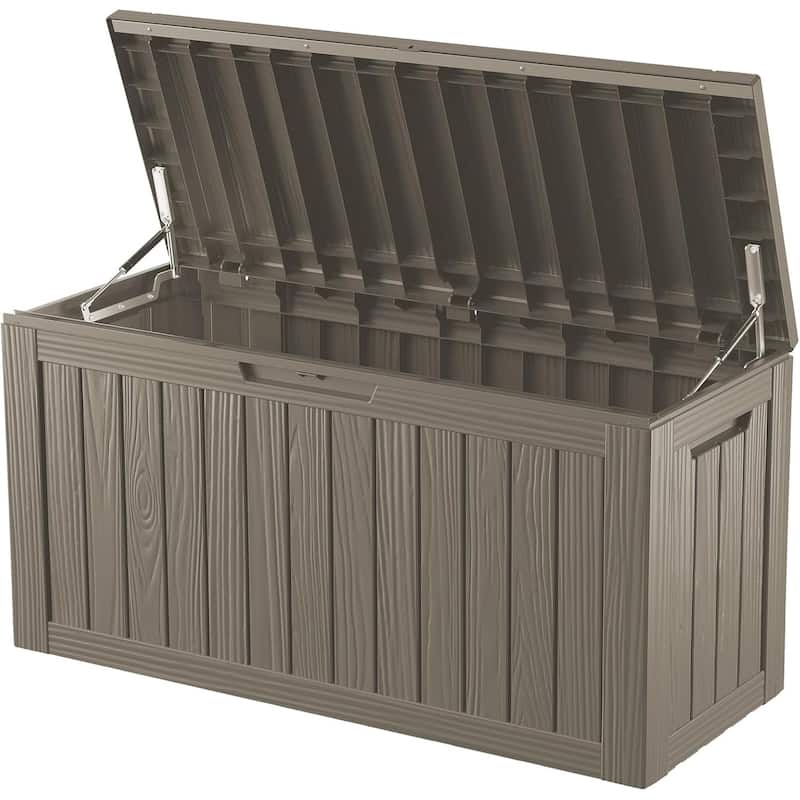 80gallon outdoor resin deck box weatherproofwith hydraulic rod, bench - Brown