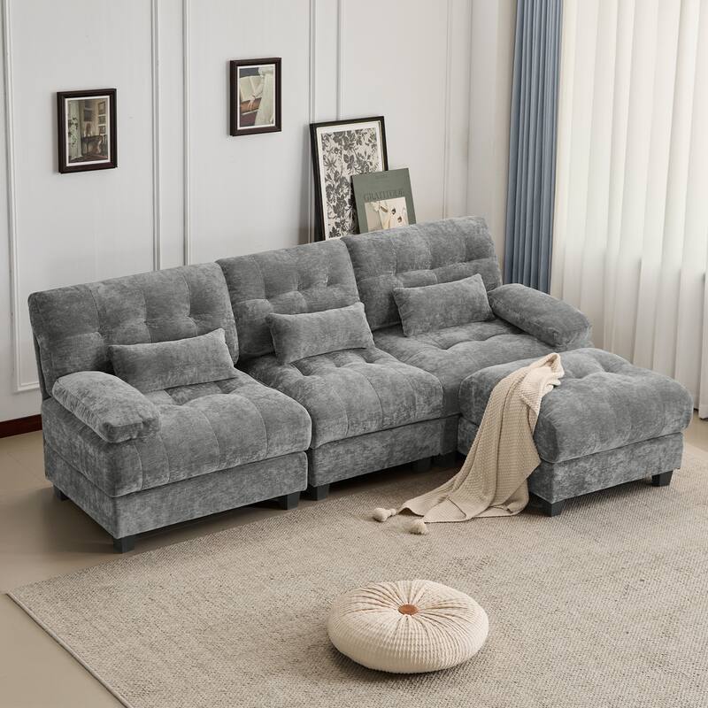 GDFStudio - 4-Piece Adjustable Backrest 93" Chenille Sofa with Ottoman and 3 Throw Pillows