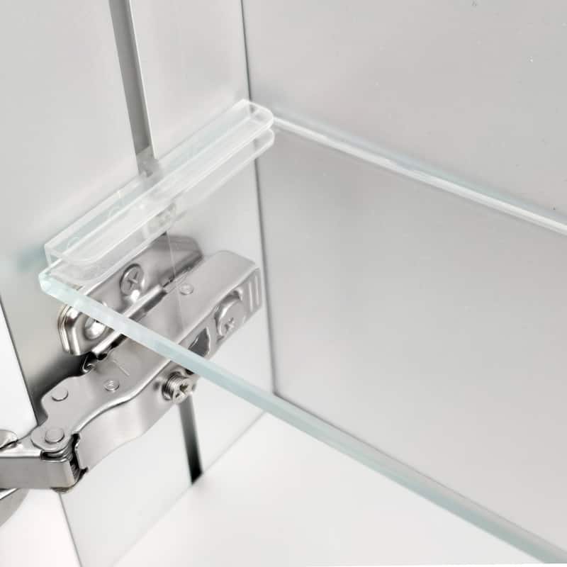 Medicine Cabinet Silver Mirrored Recessed or Surface Mount Single Door Open with Organizer Shelves